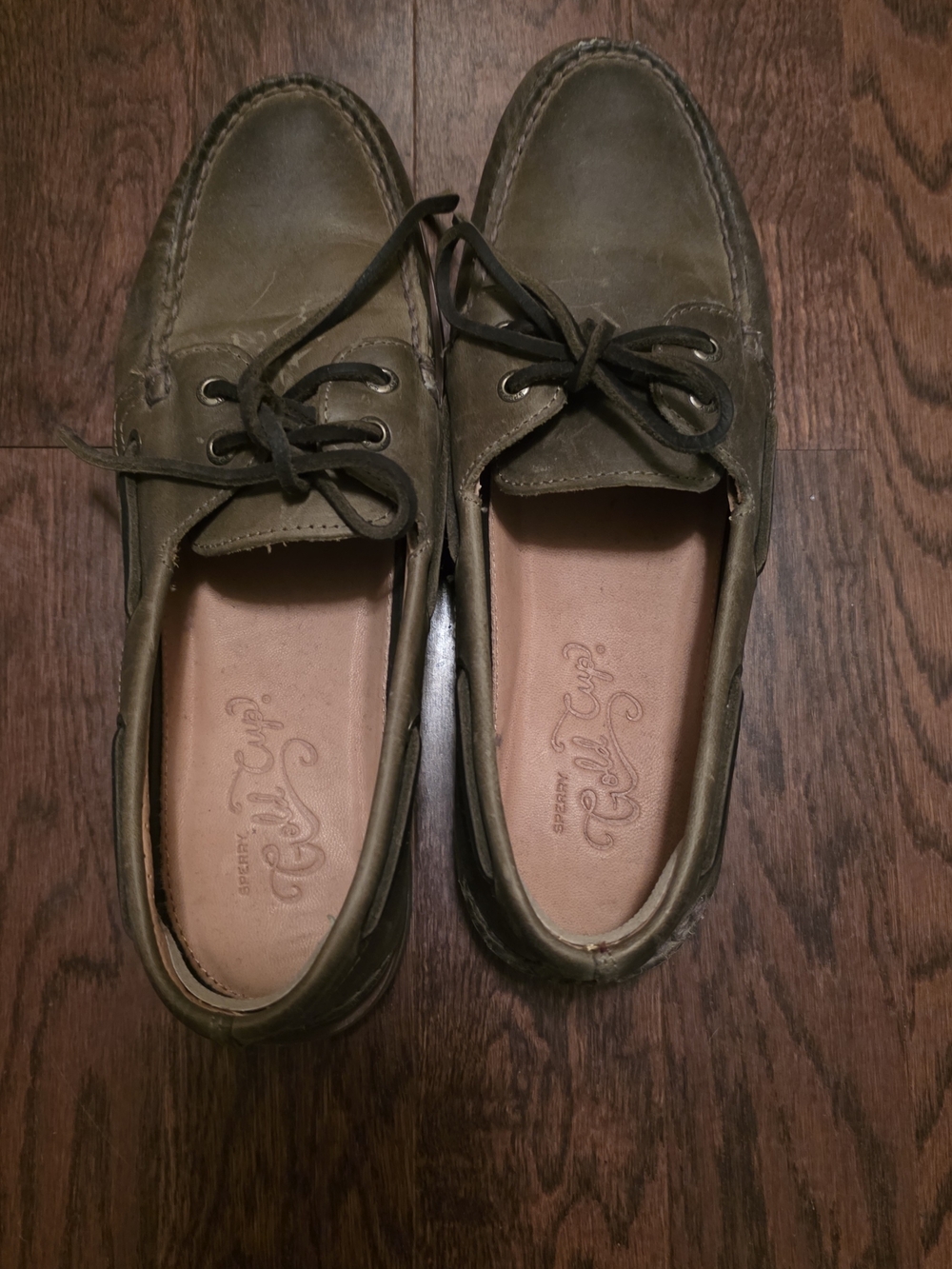 Sperry Olive Boat Shoes with Brown Laces